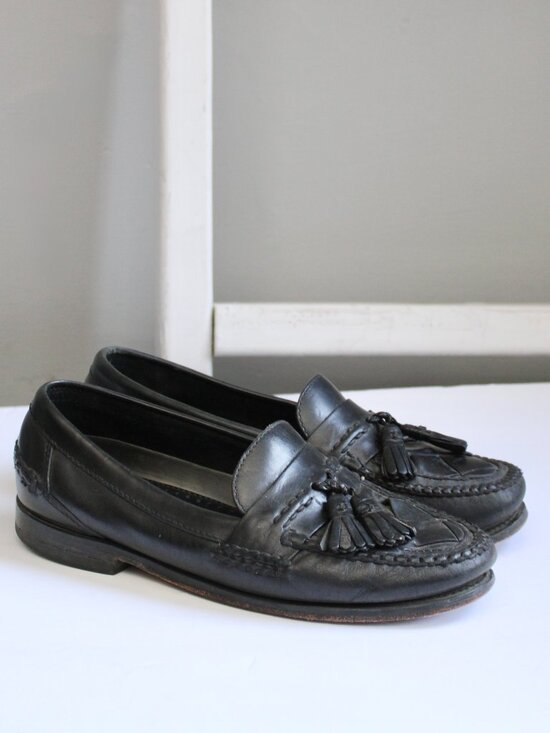 Johnston & Murphy Black Woven Leather Tassel Slip-On Kiltie Loafers Mens Size 9